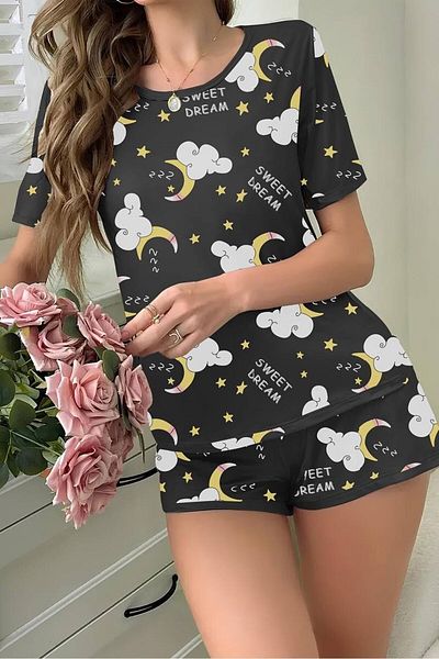 Cesur Women's Short Sleeve Shorts Set BlackMoon3