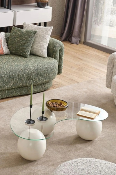Velura Home & Living Top Sehpa & Küre Cam Orta Sehpa Kırık Beyaz