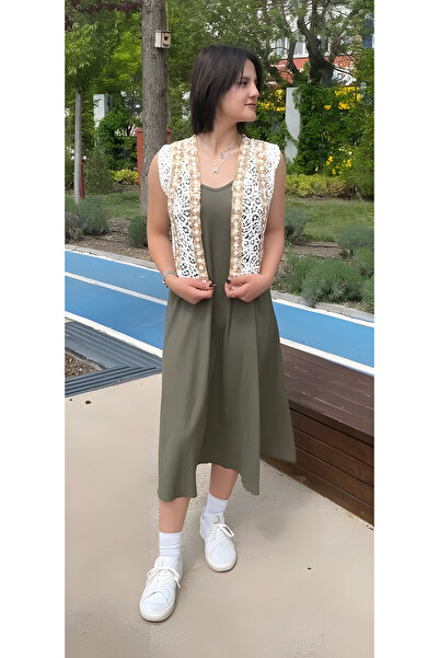 Serilda Moda فستان فضفاض باللون الأخضر الكاكي مع أشرطة حبل