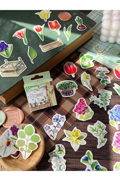 Hume Craft Kutulu Çiçek / Bitki Temalı Sticker Seti / 38 parça 4 cm/ Scrapboo...
