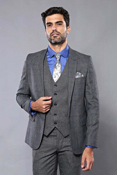 Wessi Ekose Slim Fit Siyah-Gri Yelekli Spor Takım Elbise - Wessi