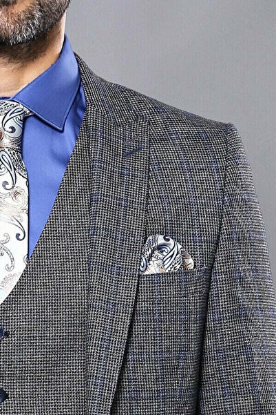 Wessi Ekose Slim Fit Siyah-Gri Yelekli Spor Takım Elbise - Wessi