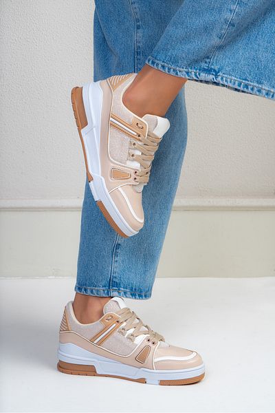 NİŞANTAŞI SHOES حذاء رياضي نسائي Galaxy Beige - نعل سميك محبوك