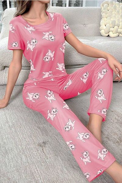 Cesur Women's Short Sleeve Pajama Set PinkCatBig