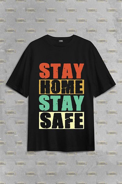PENTHİLUS Stay Home Stay Safe - Μπροστινό εμπριμέ μπλουζάκι Oversize