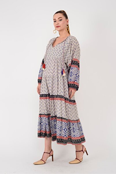 Hazinedan Етнічна довга сукня з бавовни з помпонами