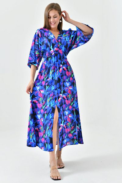 lovebox Rochie midi cu decolteu dublu cu imprimeu floral albastru - Maneca liliac si talie elastica 3154
