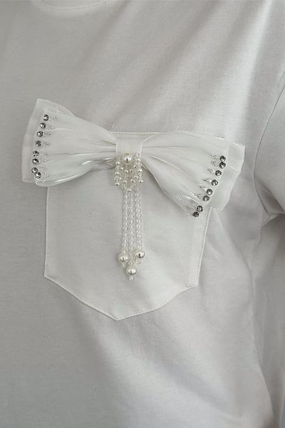 FEMELLE White Stone Embroidered Tassel Ribbon Accessory Cotton Women's T-Shirt
