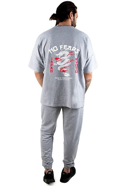 LAND MODA Σετ μπλουζάκι και φούτερ με στάμπα Grey Dragon Oversize Jogger - Crew Neck