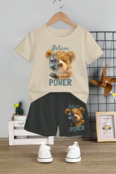 MYADA Set 2 piese pentru copii Believe Power Robot Bear imprimat - Decolteu, pantaloni scurti elastici, 12687