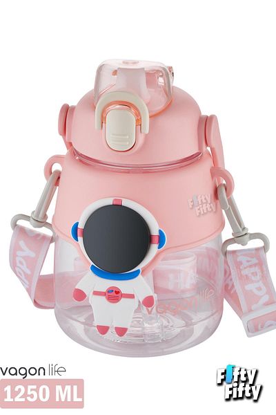 Vagonlife 1250 ML Large Size Water Bottle with Silicone Straw - with Strap and Handle, Sticker Gift - FFVGN627