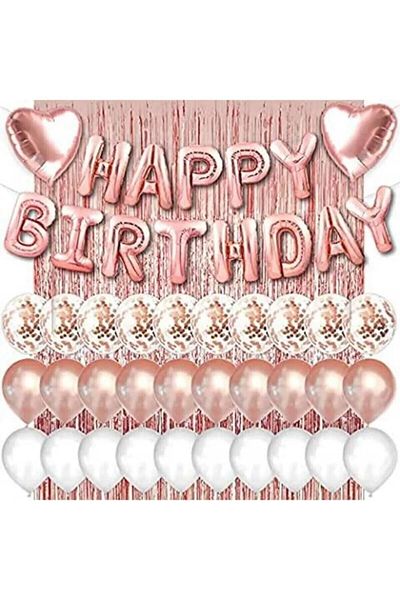 parti hediye sepeti Pink Happy Birthday Rose Heart Heart Foil and 30 Rose White Transparent Balloon Backdrop Curtain Set