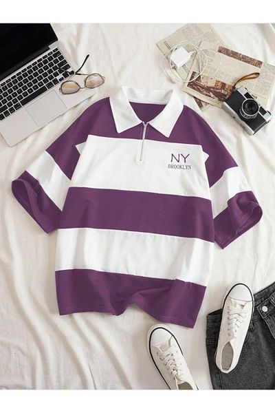 Keywest NY Printed Unisex Oversize Polo Neck Βαμβακερό T-shirt - Με φερμουάρ, Plus Size