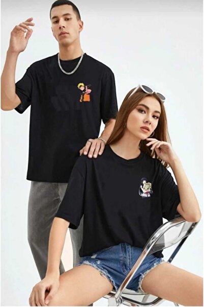 PERISENSE Unisex Kadın Erkek Naruto & Hinata Baskılı Sevgili Çift Kombini Oversize T-shirt 2'li Set