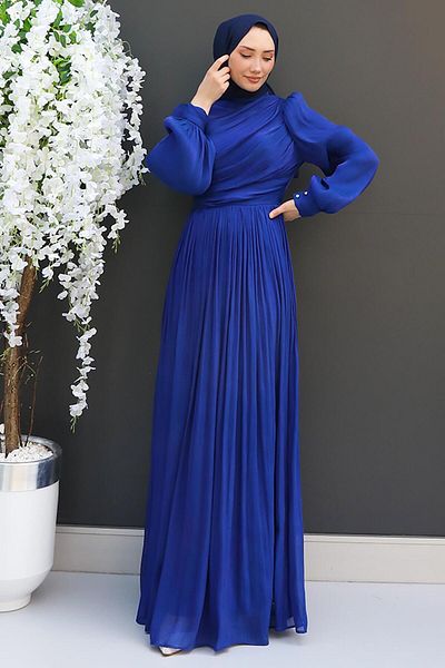 GİZ AGİYİM Νυχτερινό Μπλε Μεταξωτό Φόρεμα Hijab