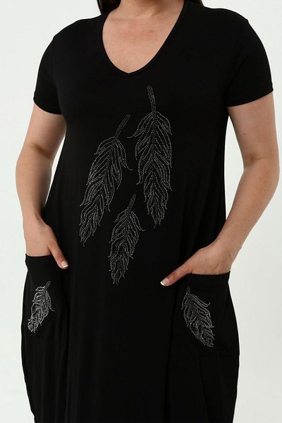Ebsumu Women's Large Size Leaf Stone Printed Black Dress