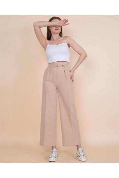 Livik Gold Bej Çift Düğmeli Kadın Salaş Kumaş 90's Süper Yüksek Salaş Paç Palazzo Pantolon