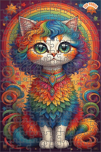 Teona Ahşap RENGARENK KEDİ Dekoratif Çift Katlı Çerçeveli Asılabilir Ahşap Pu...