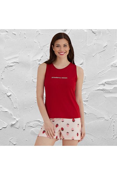 Gülfirik Tasarım Red Strawberry Patterned Women's Pajamas Set with Camisole Collar and Short Shorts