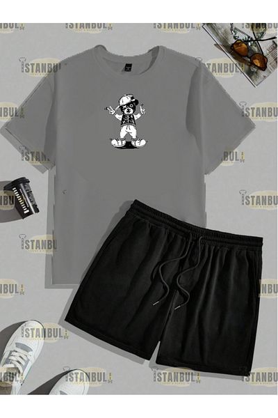 aynewmoda Σετ μπλουζάκι και σορτς με στάμπα Happy Street Bear