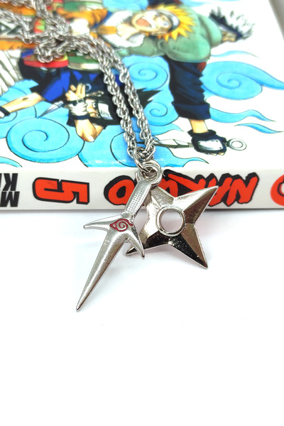 kolbi Naruto Kunai ve Shuriken Kombin Kolye - Gümüş Renk Minato Kolye Burgu Zincirli
