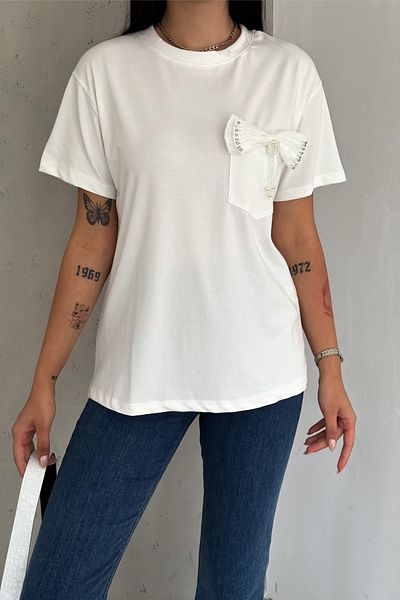 FEMELLE White Stone Embroidered Tassel Ribbon Accessory Cotton Women's T-Shirt