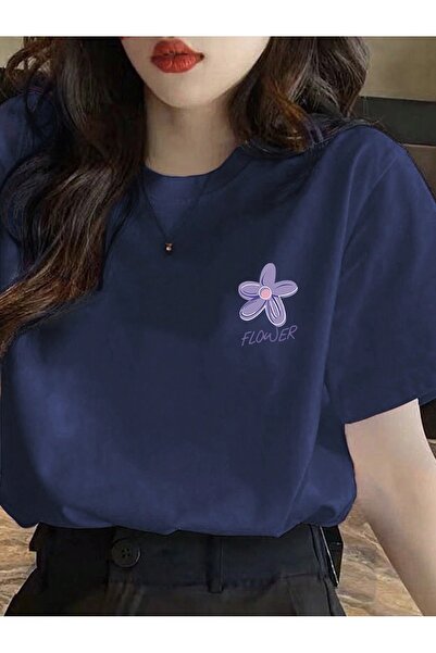Women's Navy Blue Figure Flower Printed Overshirt