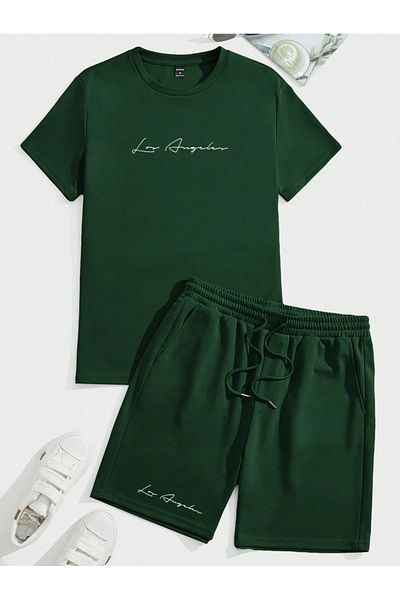 Hunors Sportswear & Company Ανδρικό σετ μπλουζάκι και σορτς Green Oversize Los Angeles Printed - Crew Neck