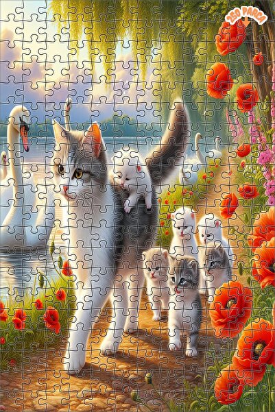 Teona Ahşap KEDİ AİLESİ YÜRÜYÜŞTE Dekoratif Çift Katlı Çerçeveli Asılabilir A...