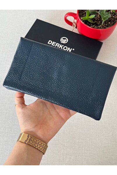 DERKON Navy Blue Genuine Leather Wallet - Natural Model, with Phone Compartment