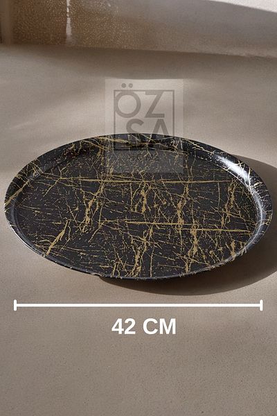 ÖzSa Home 42cm Marble Pattern Presentation Decorative Black Melamine Round Tray - for Tableware, Kitchen, Tea, Coffee