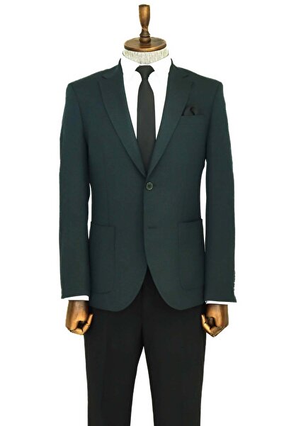 Wessi Kendinden Desenli Slim Fit Sivri Yaka Yeşil Erkek Ceket - Wessi
