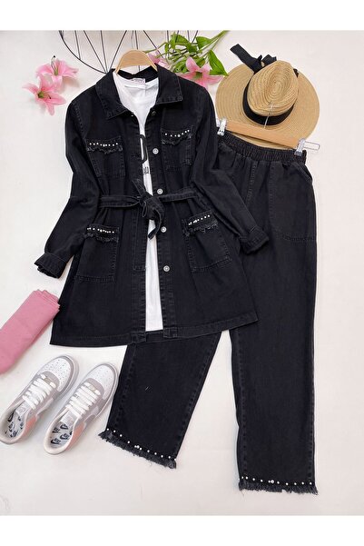 YEDİLALE طقم جينز مكون من قطعتين - تفاصيل لؤلؤية