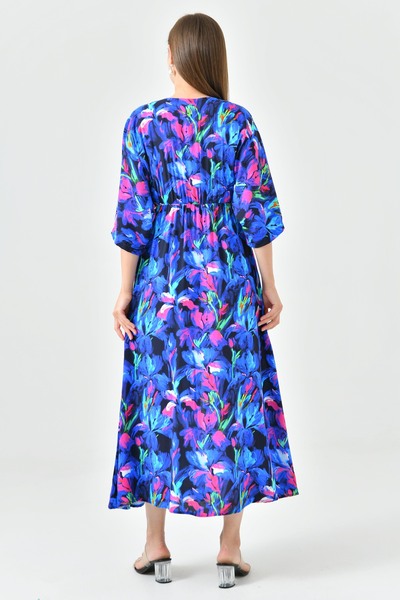 lovebox Yarasa Kol Beli Lastikli Önden Yırtmaçlı Midi Boy Kruvaze Yaka Çiçekli Yazlık Mavi Elbise 3154