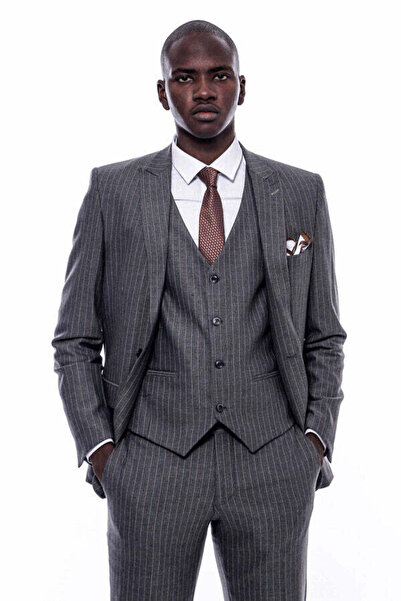 Wessi Çizgili Slim Fit Antrasit Erkek Takım Elbise