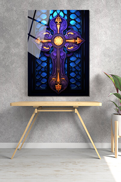 BV DEKOR HAÇ VİTRAY TEMA CAM TABLO-HAÇ HRİSTİYANLIK SİMGE  DEKORATİF CAM TABLO-DEKORATİF EV TABLO-OFİS HEDİYE