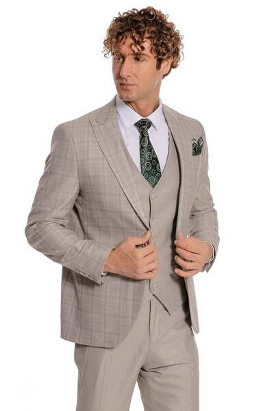 Wessi Ekose Ceketli Slim Fit Krem Erkek Takım Elbise - Wessi