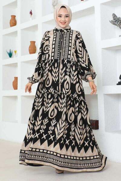 SGS Etnik Desen Viskon Elbise SİYAH