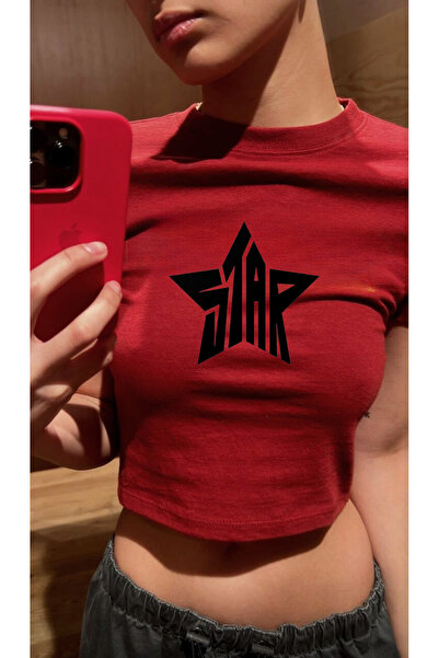 Violon Kırmızı Yıldız Star Yazılı Model Kadın Crop Body Tişört