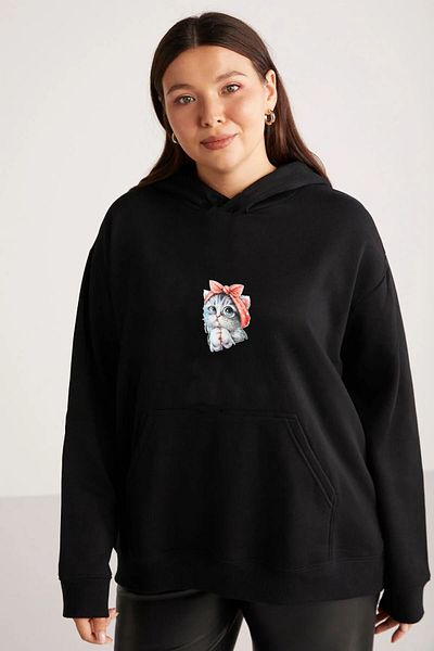 LAND MODA Hanorac oversize cu imprimeu de pisici drăguț de mărime mare