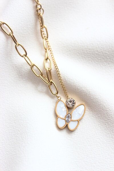 Dazzlecave Zircon Stone White Butterfly Necklace - 316L Stainless Steel, Anti-allergic and Non-tarnish