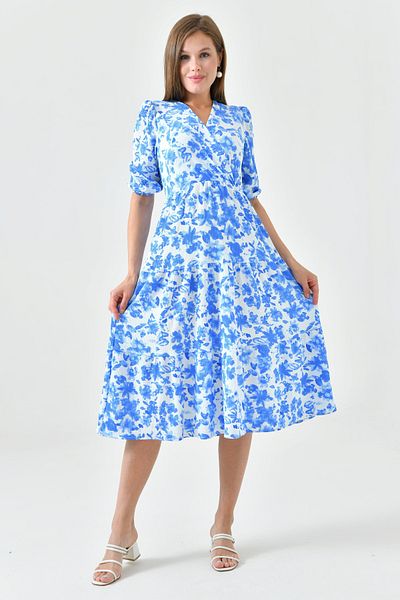 lovebox Midi Length Floral Print Dress - Double Breasted Collar, Elastic Waist, Short Bubble Sleeve 3058