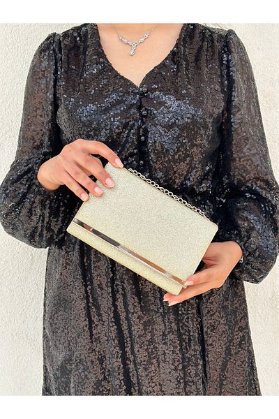 Sh Poly Βραδινό φόρεμα με χρυσό χρώμα με σκόνη - Clutch Clutch Bag