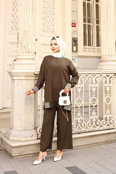 ECK MODA Γυναικείο σετ από ύφασμα από λινό χακί