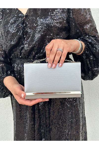 Sh Poly Βραδινό φόρεμα Clutch Clutch Τσάντα από ασημί ύφασμα