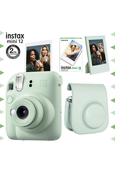 Fujifilm Instax mini 12 Yeşil Fotoğraf Makinesi-10'lu Film-Çerçeve ve Deri Kılıf Seti