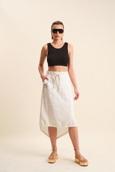 VERDA Asymmetric Cut Linen Skirt - Lace Guipure and Pocket