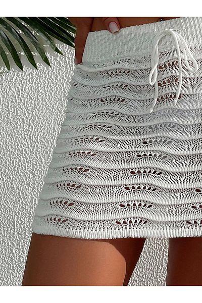 AQE FASHION Summer Beach Super Mini Fusta albă din tricot - Poreo ondulat cu frânghie și ajurat