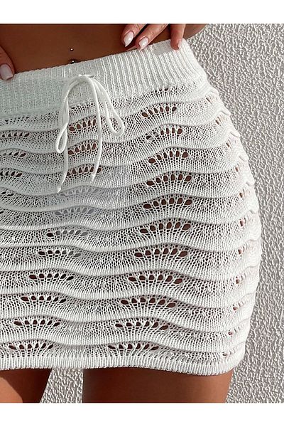 AQE FASHION Summer Beach Super Mini Fusta albă din tricot - Poreo ondulat cu frânghie și ajurat
