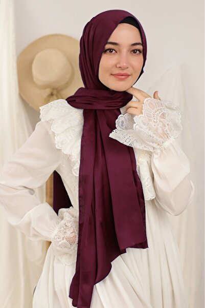 isometric Abiye Janjan Parlak Saten Dokulu Tesettür Abiye Şifon Bordo Şal